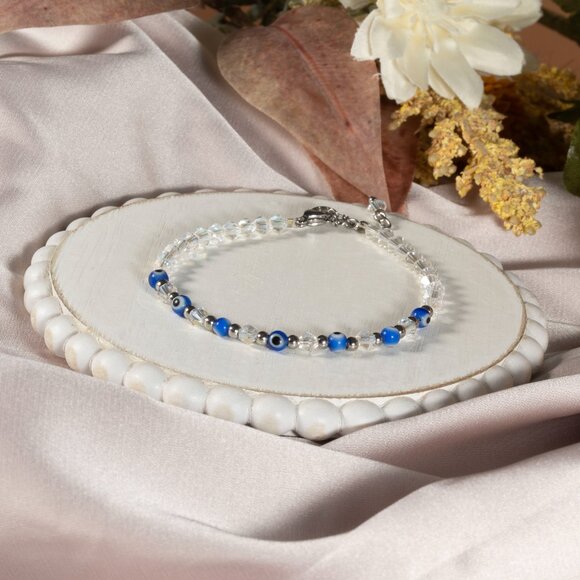 Bracelet Adjustable handmade Clear Crystal Turkish Eye For women Color Blue Gift - Picture 5 of 7